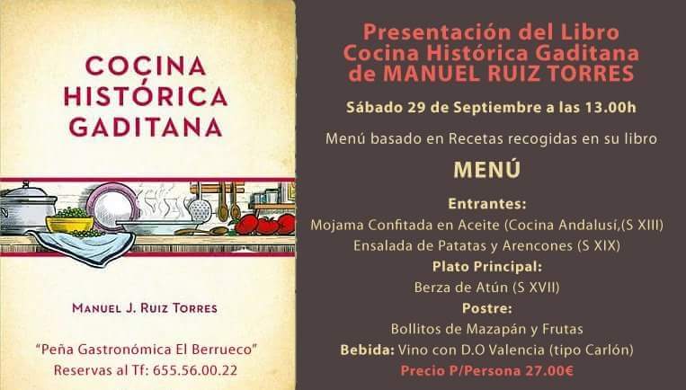 29 de septiembre. Medina Sidonia. Presentación libro y almuerzo cocina histórica.
