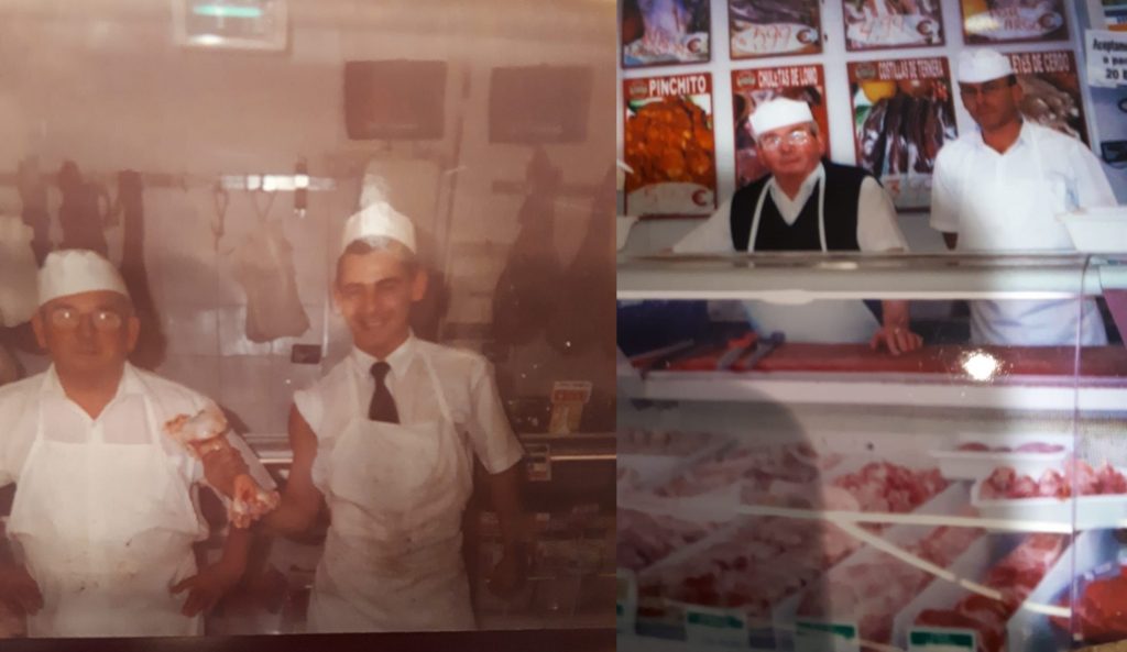 Los orígenes: la carnicería de José Vaca en San Fernando, a la izquierda con su hijo José y a la derecha con un empleado.